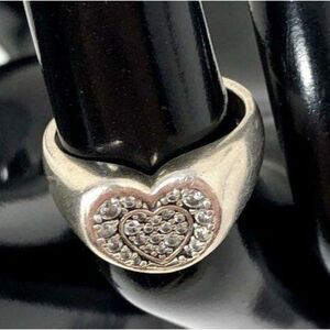 925 Sterling Signed ALE Pandora Solid Rhinestone Heart Ring - Size 3.5 - 4.13g